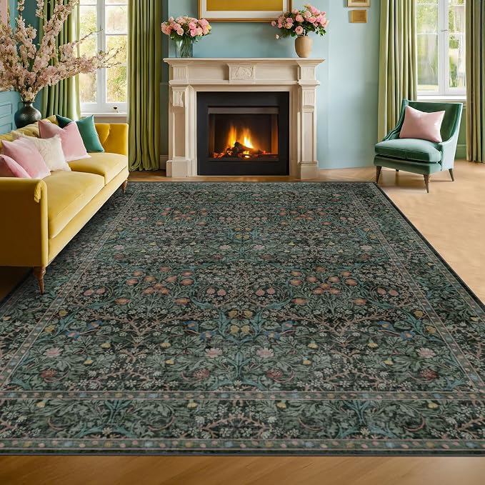Washable Dark Green Rug for Living Room