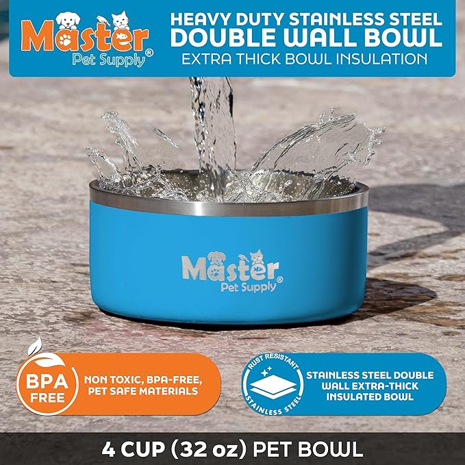 Master Pet Supply Stainless Steel Dog Bowls - 32 oz, Heavy Duty - True Blue, Double Wall Extra-Thick Insulated, Non-Slip Pet Water Bowl for Dogs, Cats & Pets, Anti Rust Metal, Dish Washer Safe