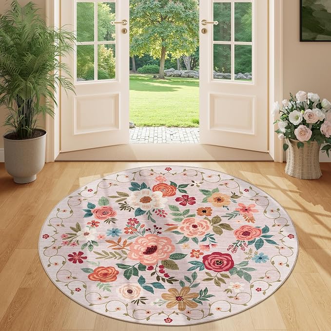 DUKINO Floral Round Rug, 4ft Washable Round Area Rug, Non Slip Indoor Low Pile