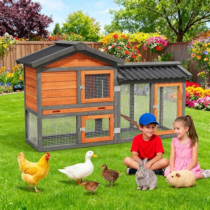 Chicken Run Coop, Wooden Duck Coop Outdoor 2-Tier Hen House All Weather Used Poultry Quail Cage Rabbit Hutch Pet Hideout with Ramp for Small Medium Animals-Expandable Design (Brown)