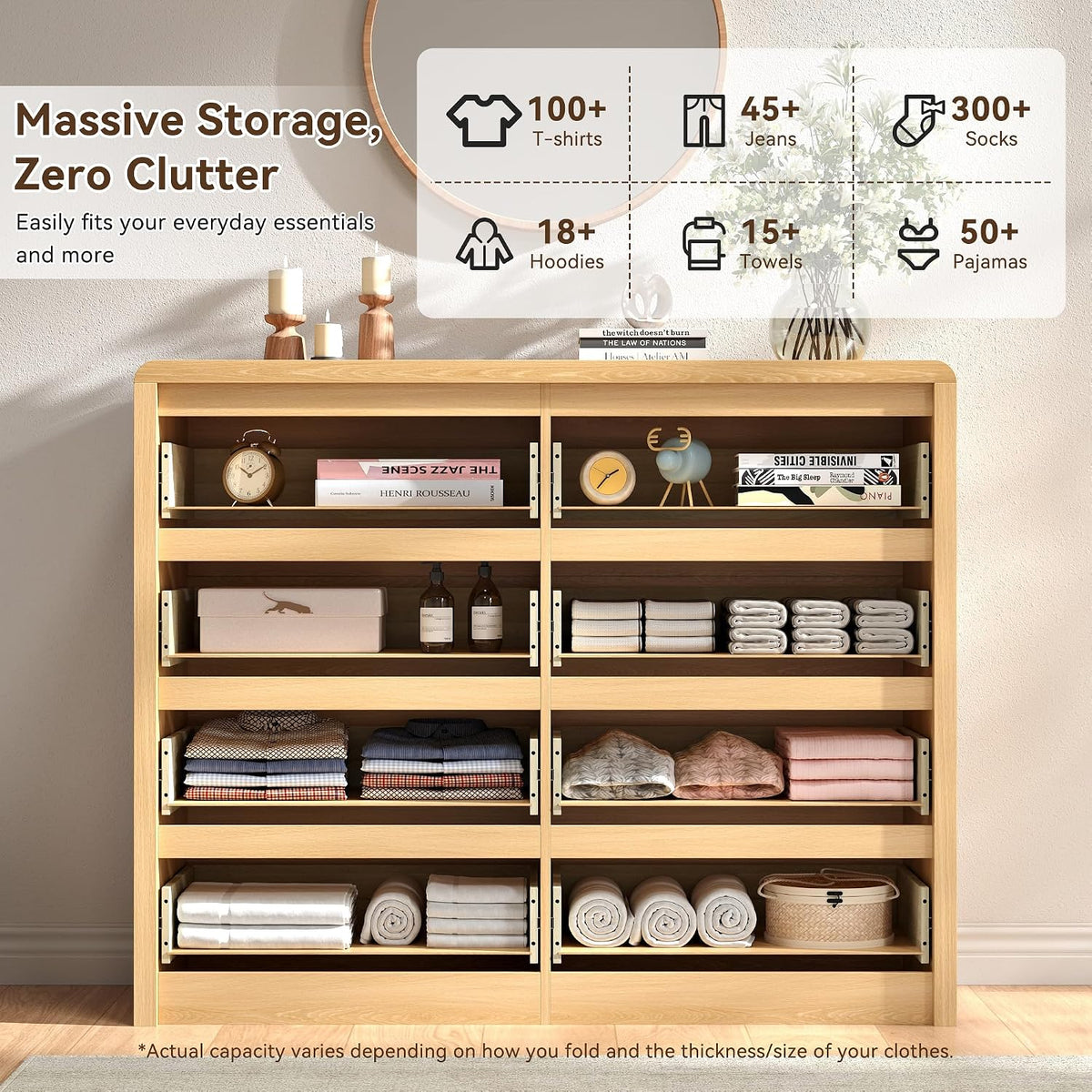 Fluted 8 Drawer Dresser for Bedroom, 50” Wide Modern Dresser & Chest of Drawers with Curved Profile Design, Wood Mid Century Dressers for Bedroom, Living Room, Oak