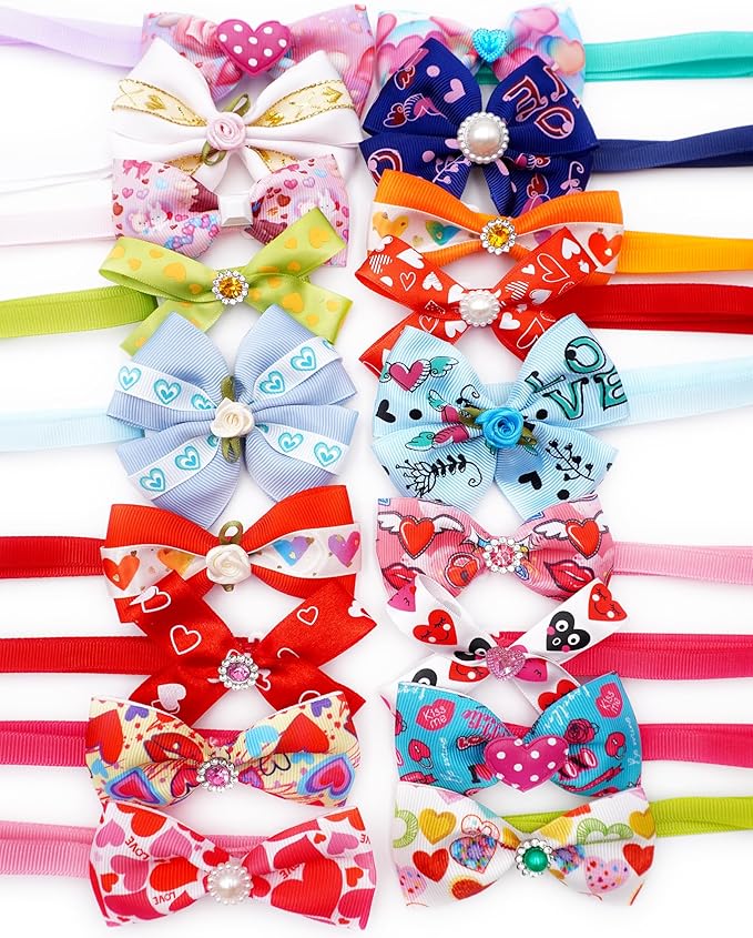 PET SHOW 50 Pack Valentines Day Adjustable Puppy Cats Small Dogs Bow Ties Collar for Holiday Party Bowties Neckties Pet Grooming Accessories Assorted Randomly