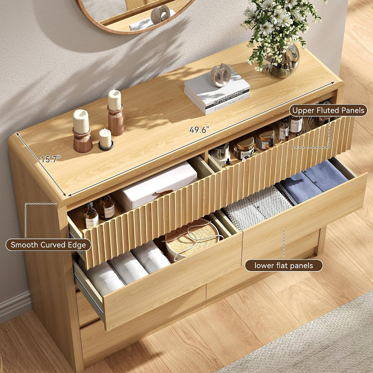 Fluted 8 Drawer Dresser for Bedroom, 50” Wide Modern Dresser & Chest of Drawers with Curved Profile Design, Wood Mid Century Dressers for Bedroom, Living Room, Oak