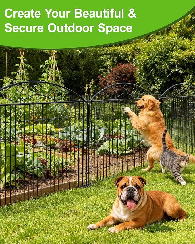 48in Extra Tall Garden Fence, 10-Panel Metal Animal Barrier, 24ft Long No Dig Temporary Fencing for Yard, Reusable Defense for Big Dogs & Privacy
