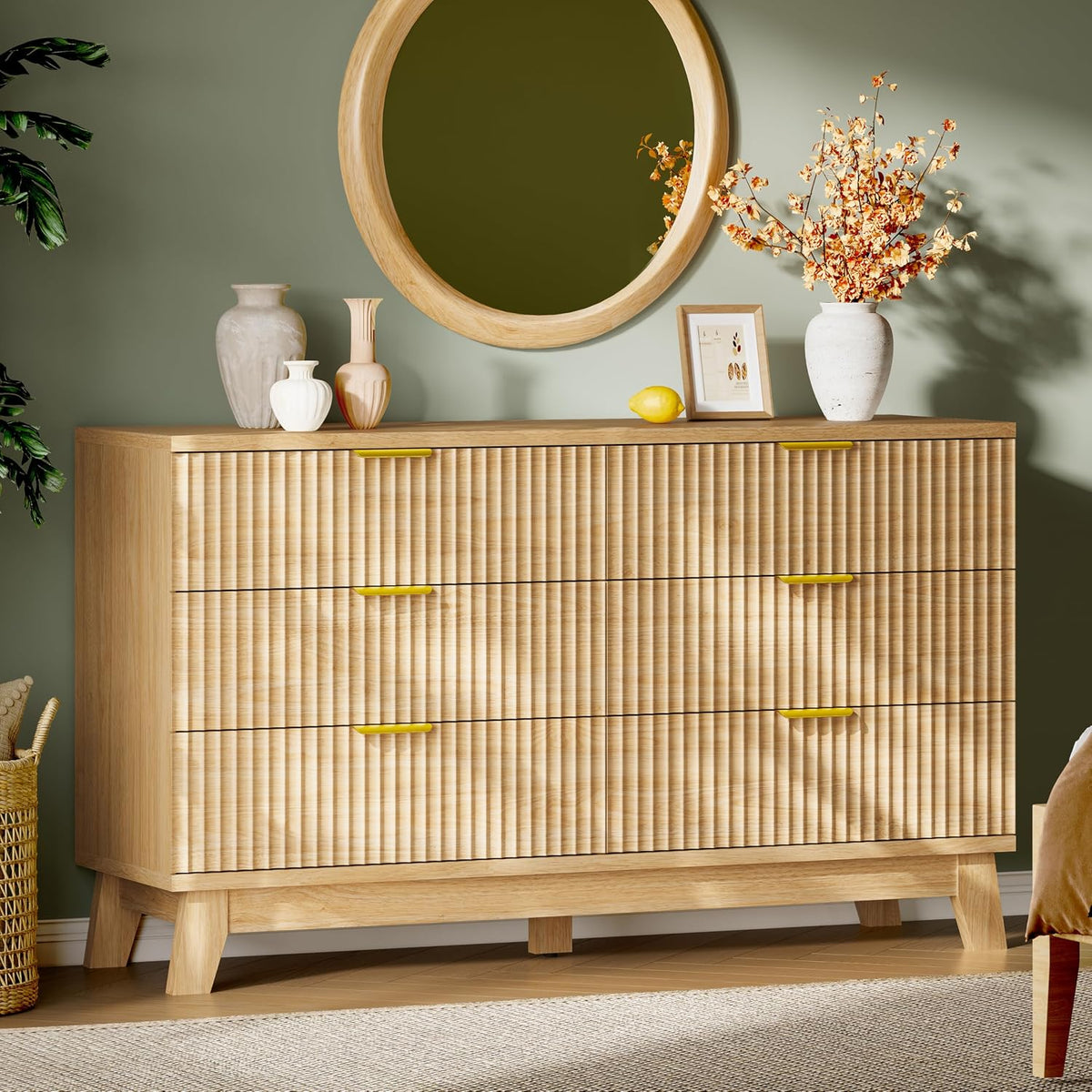 Xixini Fluted Dresser with 6 Drawers, 54" Wide Modern Chest of Drawers with Metal Handle, Wooden Dresser TV Stand, Wood Closet Clothes Storage Organizer for Bedroom, Living Room, Hallway, Natural Oak