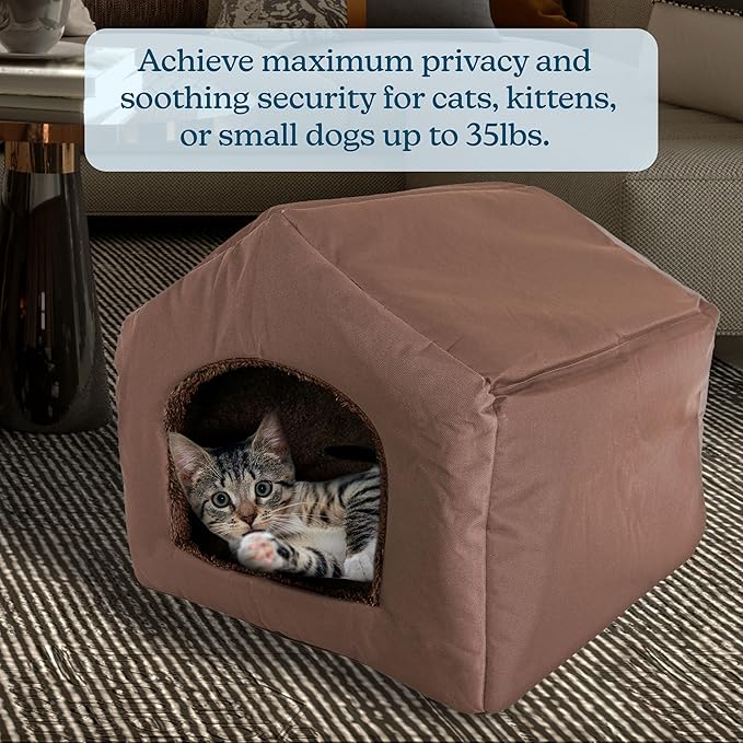 Dog House - Indoor Dog House with Removable Sherpa Cushioned Pad - Pet Bed for Small Dogs, Cats, or Kittens - Dog Houses by PETMAKER (Brown)