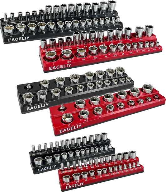 EACELIY Magnetic Socket Organizer Set, 1/2", 1/4" and 3/8" SAE & Metric Deep & Shallow Socket Holder Kit, holds 141 stanard Sockets, attaches to steel box/tool cart (sockets not included) 丨6PCS