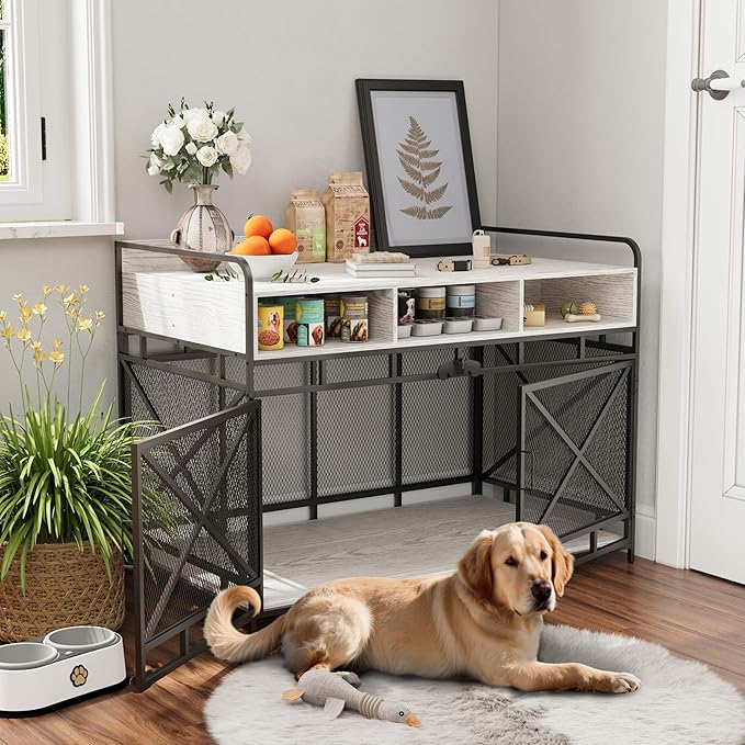 Dog Crate Furniture, 48" Heavy Duty Wooden Dog Crate End Table, XL Dog Kennel Furniture Large Breed, Decorative Dog Kennel Indoor with 3 Drawers & Steel Tubes 48" L x28 W x36 H (White)