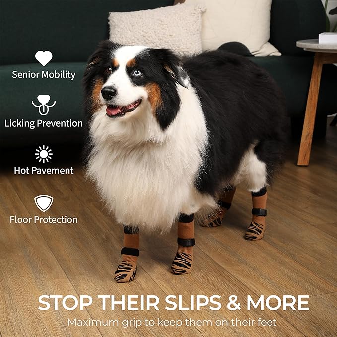 DOK TigerToes Premium Non-Slip Dog Socks for Hardwood Floors - Extra-Thick Grip That Works Even When Twisted - Prevents Licking, Slipping, and Great for Dog Paw Protection (XXS, Cool Caramel)
