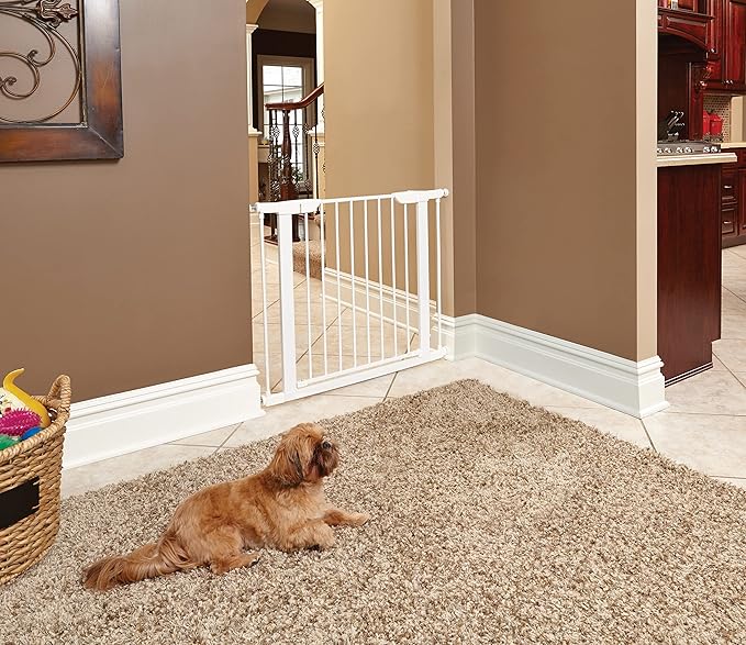 MidWest Homes for Pets 29-Inch High Walk-Thru Pressure Mounted Steel Dog Gate, Expands to 38 Inches Wide, Includes 3-inch Extensions, White