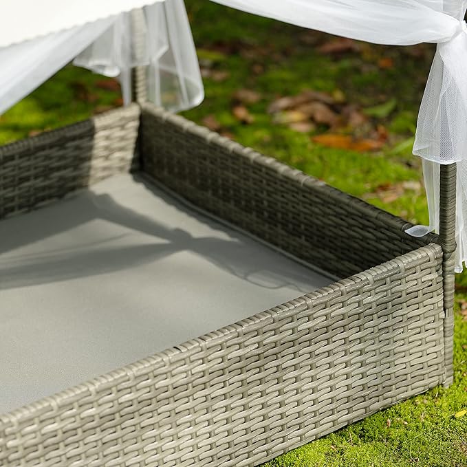 Outdoor Elevated Dog Bed with Curtain Canopy, Durable PE Wicker Pet Bed for Dogs and Cats, Patio Pet Furniture with Washable Cushion, Raised Pet Enclosure for Garden, Backyard & Indoor Use