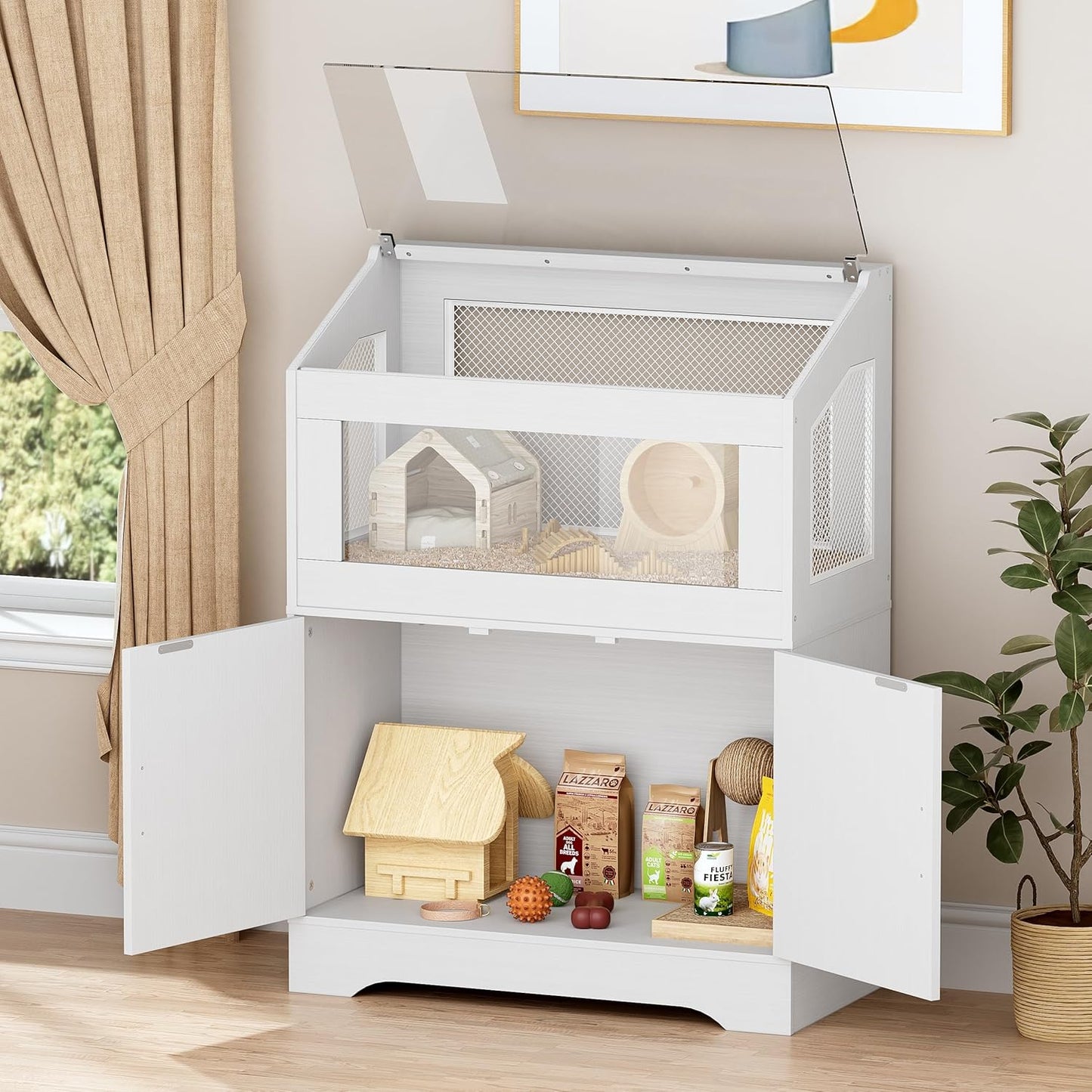 PAKASEPT Hamster Cage, Small Animal Cages with Storage Cabinet, Visual and Ventilated Large Habitats Hamster House for Rat, Guinea Pig, Hedgehog, Gerbil, White