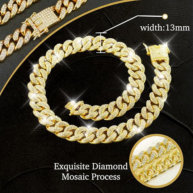 Dog Chain Designer Gold Crystal Pet Collar Cuban Link Chain with Secure Buckle Luxury Adjustable Necklacefor Small Medium Large Dogs Cats(Glod 12inch)