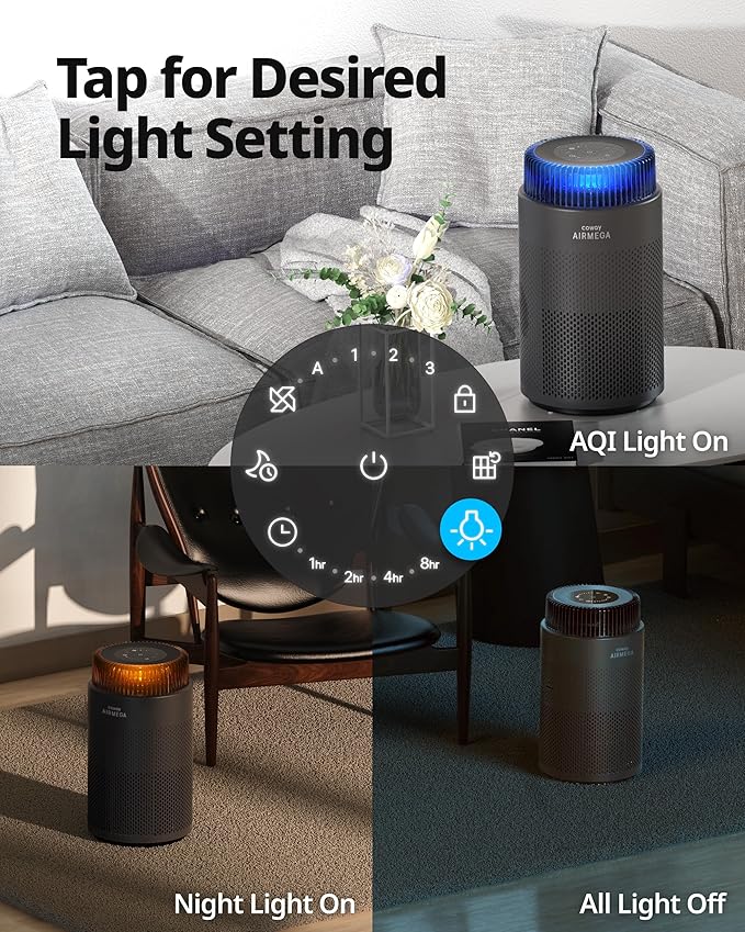 COWAY Air Purifiers for Bedroom Home up to 810 ft², HEPA Filter for Smoke, Allergies, Pet Dander, Odor, AQI Monitor, Auto&Sleep Mode, Timer, Filter Indicator, Night Light, 3yr Warranty, 100 Black