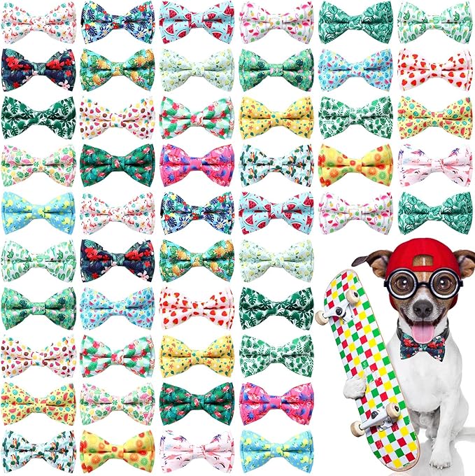 Hillban 50 Pcs Summer Collar Bow Ties for Dogs Hawaiian Dogs Collar Accessories for Pets Bow Ties Attachment with Elastic Bands Detachable Charms for Doggie Summer Hawaiian Costume
