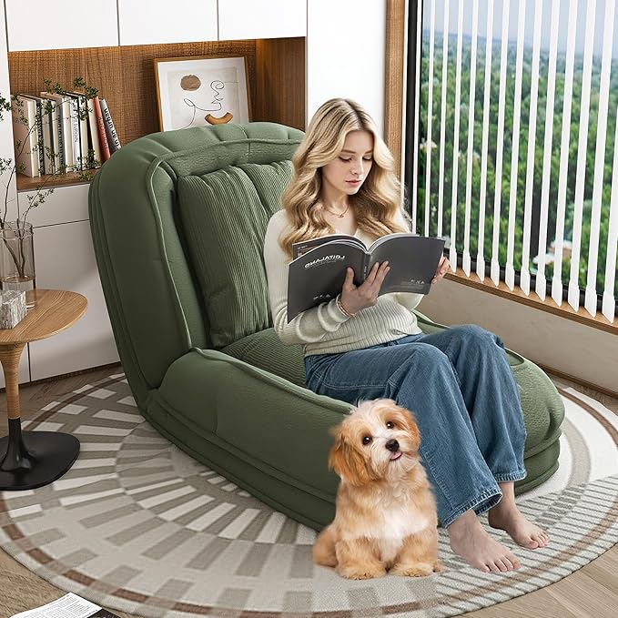 Oversized Human Dog Bed for Adult, Foldable Giant Human Pet Bed with 2 Soft Pillows, Large Sized Dog Sofa with 5 Adjustable Position for Humans, Metal Frame & Corduroy (Green)