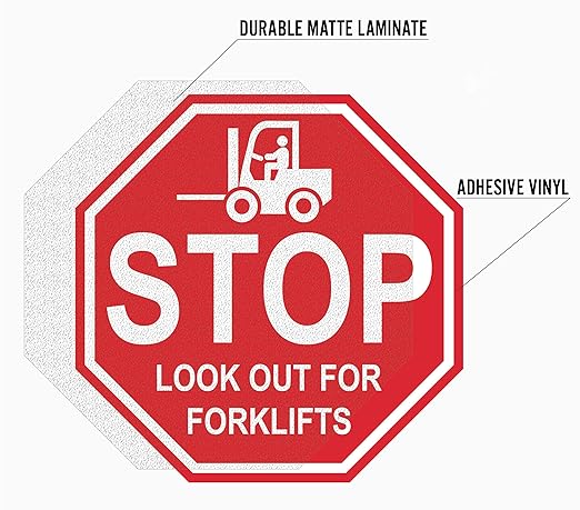"Stop Look Out for Forklifts" - Laminated Vinyl Floor Sign by Graphical Warehouse - 5S Safety and Security Signage, Visual Communication Tool (17")