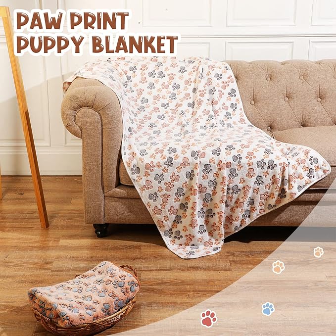 Tatuo 4 Pcs Dog Blanket for Pet Cat Blankets Indoor Puppy Teething Stuff Toys Paw Print Fleece Soft Blanket Sleep Mat for Guinea Pig Cage(White, Coffee, Pink, Purple,Large(36 x 36 Inch),Square)
