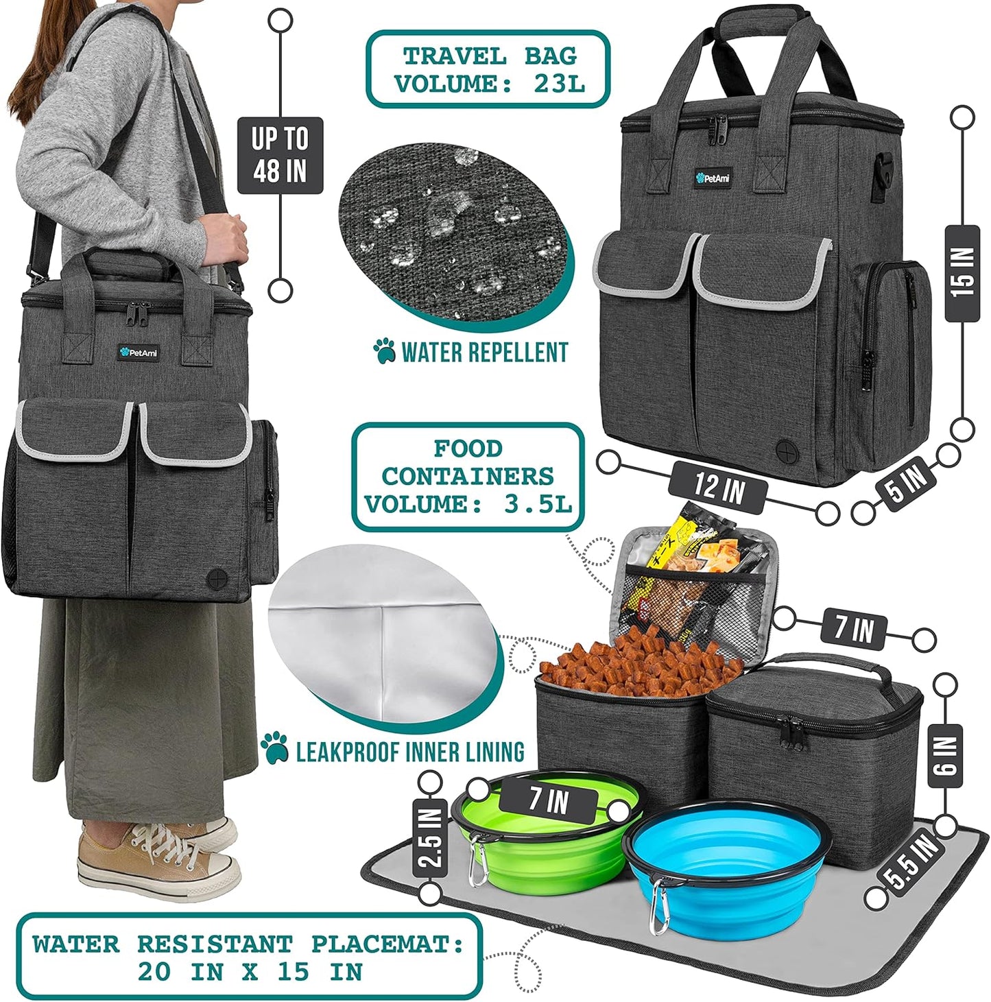 PetAmi Dog Travel Bag Pet Supplies Accessories Organizer for Traveling, Camping, Weekend; Cat Pet Travel Bag Kit Includes 2 Food Storage Containers, 2 Collapsible Bowls, 1 Feeding Mat (Dark Gray)
