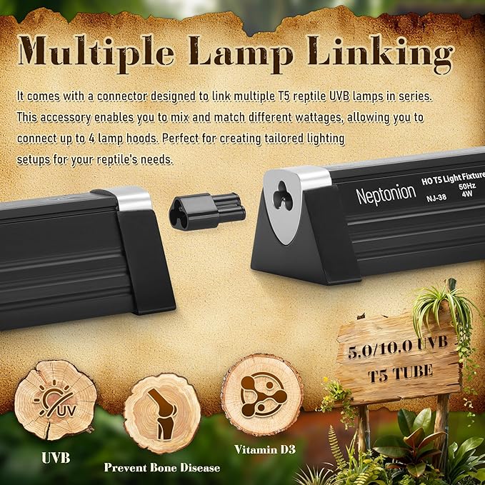 T5 Reptile UVB Light 6.5 Inches Fixture with UVB 10.0 Bulb High Output Hood for Terrariums, Basking Reptiles, Lizards, Chameleons, Iguanas, Bearded Dragons, 4W