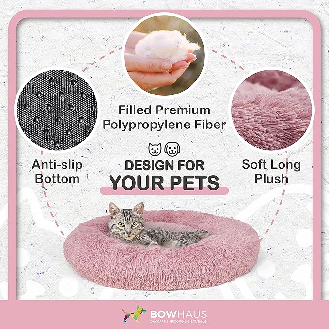 24/30 Inch Calming Donut Pet Bed for Small/Medium Cats and Dogs, Anti-Slip Bottom, Washable, Anti-Anxiety Fluffy Round Cat Bed, Indoor Shaggy Cuddler Cotton Candy Brown, Light Gray, Pink Bed
