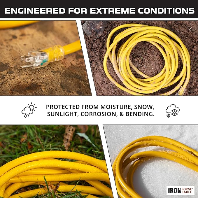 Iron Forge Cable 2 Foot Lighted Outdoor Extension Cord with 3 Outlets - 12/3 SJTW Heavy Duty Yellow Extension Cable 3 Prong - Multiple Outlets