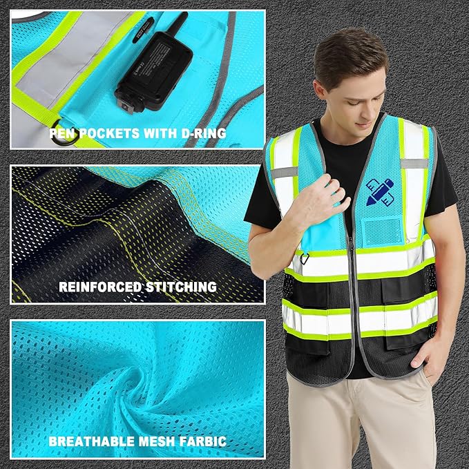 BeautyWill Custom Safety Vest Customized Logo Mesh Vest Class2 High Visibility Reflective Vest with Pockets Workwear（LightBlue Black，S ）
