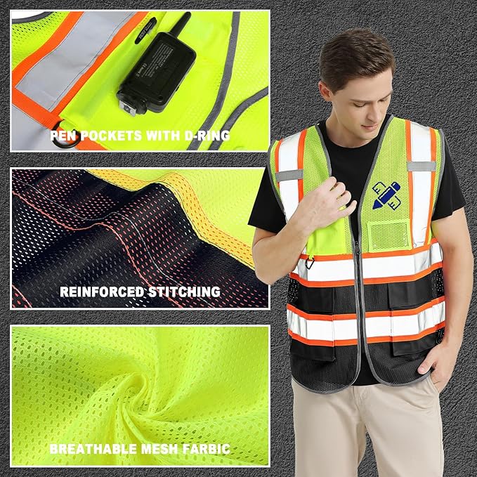 BeautyWill 10 Pack Custom Safety Vest Customized Logo Mesh Vest Class2 High Visibility Reflective Vest with Pockets Workwear（Yellow Black，M ）