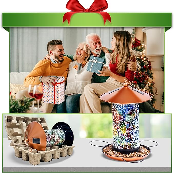 Ottsuls Solar Bird Feeder for Outdoors Hanging, Luxury Mosaic Birdfeeder Metal Vintage Lantern, Unique Bird Lovers Garden Gift for Mom,Dad, Grandma,Birthday