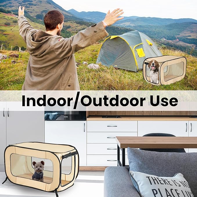 Beatrice Home Fashions Portable, Collapsible, Pop Up Kennel Travel Cat and Dog Crate, 36" L x 22" W x 22" H, Beige