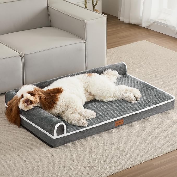 Patas Lague Orthopedic Jumbo Dog Bed Large Sized Dog 56''X40'', Waterproof Comfortable L Bolster Jumbo Non-Slip Soft Warm Pet Crate Bed Sleep Sofa mat with Removable Washable Cover, Grey