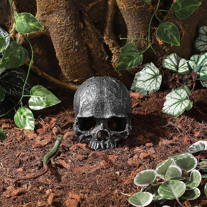 Resin Reptile Hideout for Tank Realistic Skull Decor for Terrarium Black Decorative Skeleton Head Hides and Caves for Fish Ball Python Axolotl Tarantula