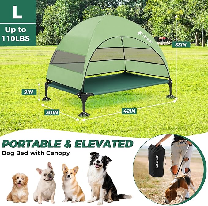 Windproof Elevated Dog Bed with Canopy & Stakes, 3-Sided 90% UV Block, Chew-Proof Teslin Mesh Mat for Large Dogs up to 150lbs(Green Large)