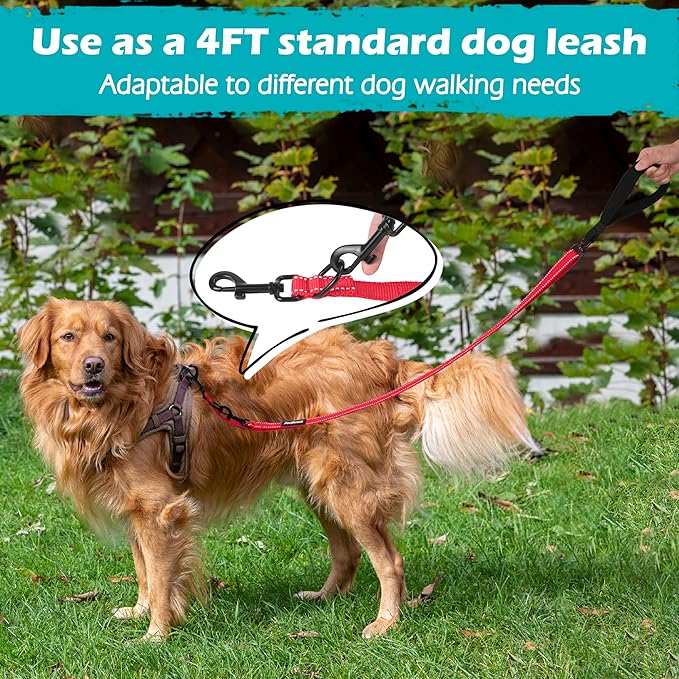 PetBonus Two Point Control Dog Leash, Works with No Pull Harnesses, No Tangle Training Leashes, Soft Padded and Reflective Walking Lead, Converts to Single Lead for Medium Large Dogs (Red)