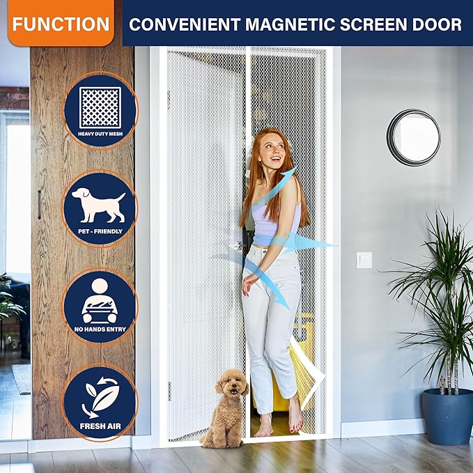Magnetic Screen Door，Screen Door Mesh，Keep Bugs Out, Heavy-Duty Mesh Curtain,Pet and Kid Friendly, Works with Front Doors, Sliding Doors（38x82 Inch White