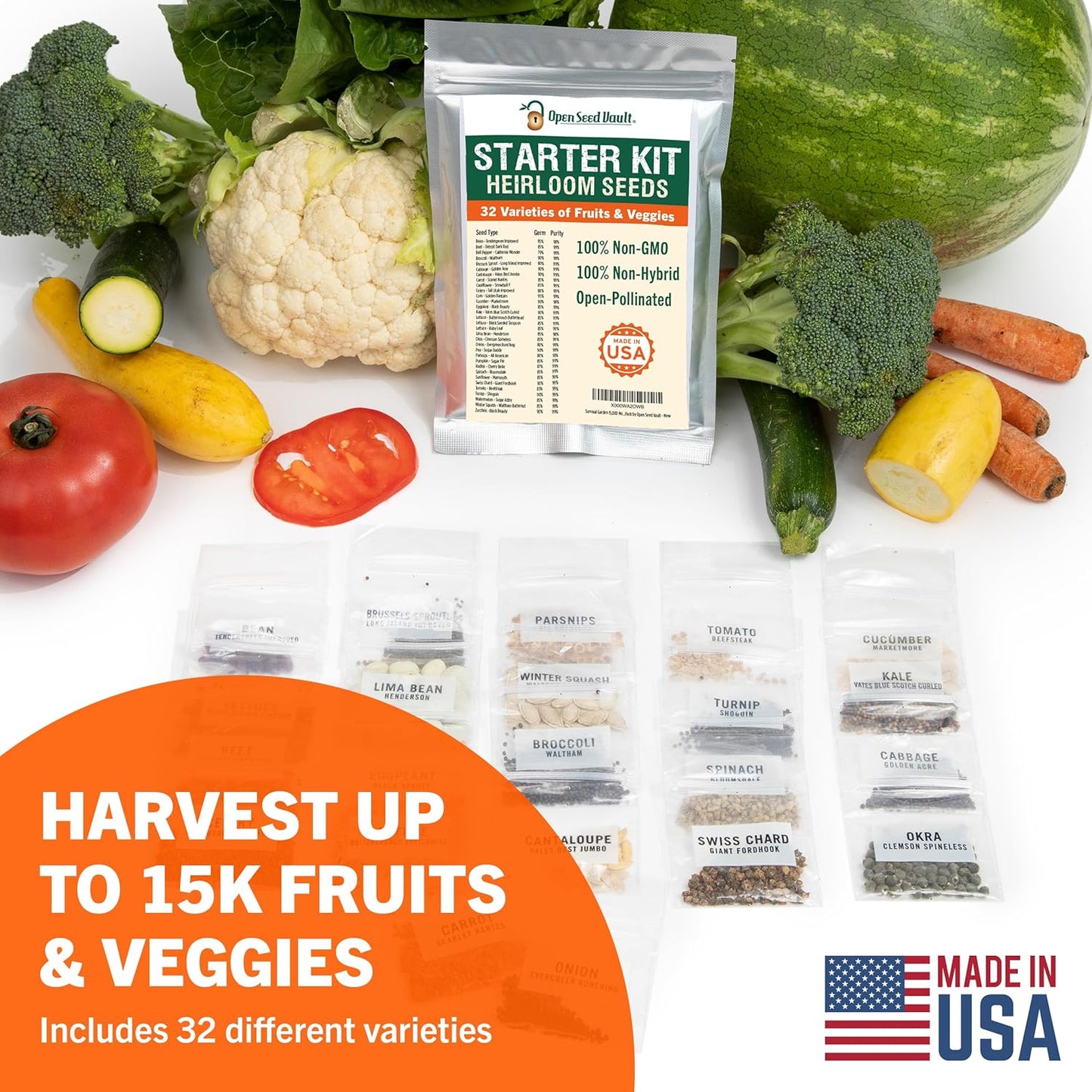 Open Seed Vault 15,000 Non GMO Heirloom Vegetable Seeds for Planting Vegetables and Fruits - 32 Variety Pack of Vegetable Seeds for Gardening, Survival Gear, Seed Vault Emergency Supplies Kit