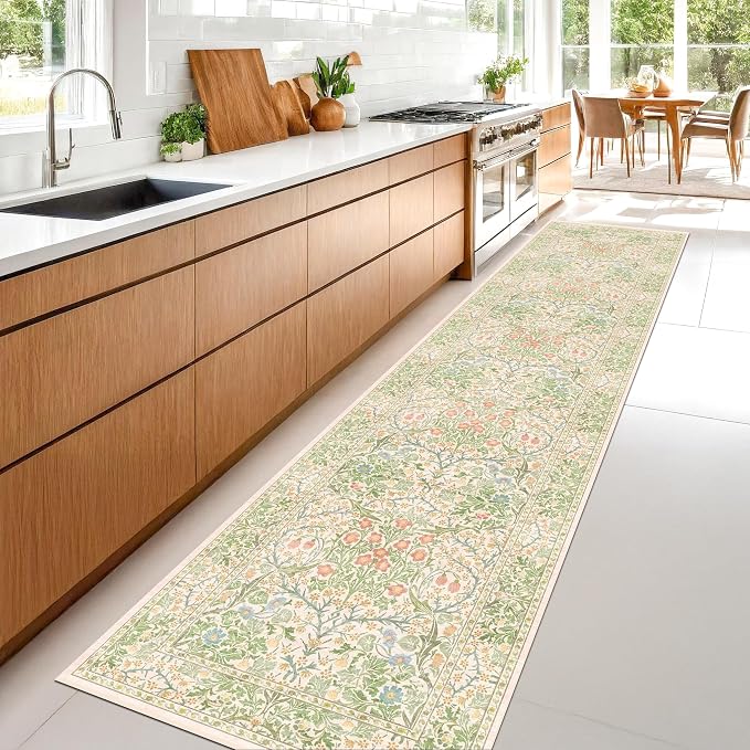Washable Beige Green 2x10 Runner Rug