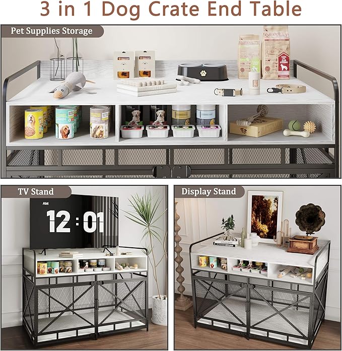 Dog Crate Furniture, 48" Heavy Duty Wooden Dog Crate End Table, XL Dog Kennel Furniture Large Breed, Decorative Dog Kennel Indoor with 3 Drawers & Steel Tubes 48" L x28 W x36 H (White)