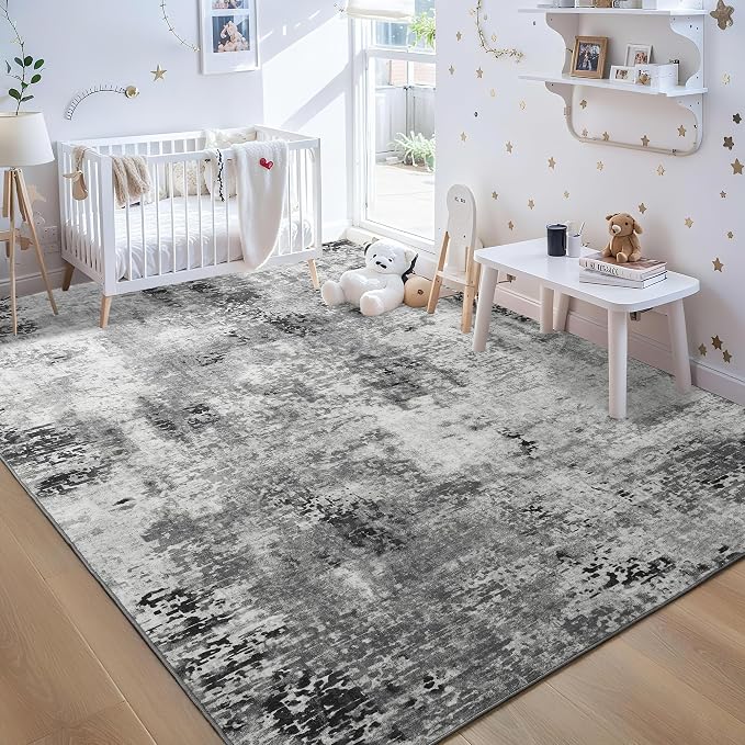 Living Room Rug 7x10 Gray Area Rugs Machine Washable Abstract Boho Large Rug