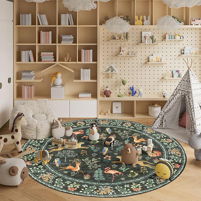 DUKINO 6ft Round Rug for Bedroom, Animal Print Washable Circle Rug