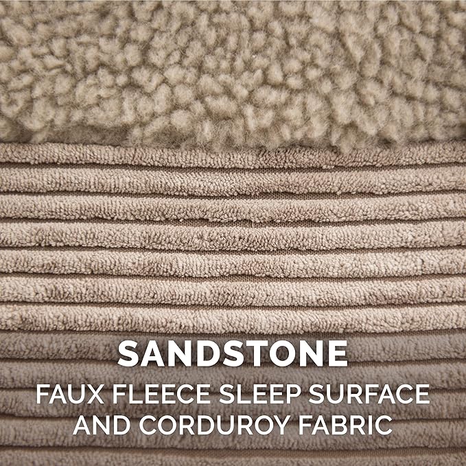 Furhaven Orthopedic Dog Bed for Large Dogs w/ Removable Bolster & Washable Cover, For Dogs Up to 125 lbs - Fleece & Corduroy Bolster Chaise - Sandstone, Jumbo Plus/XXL