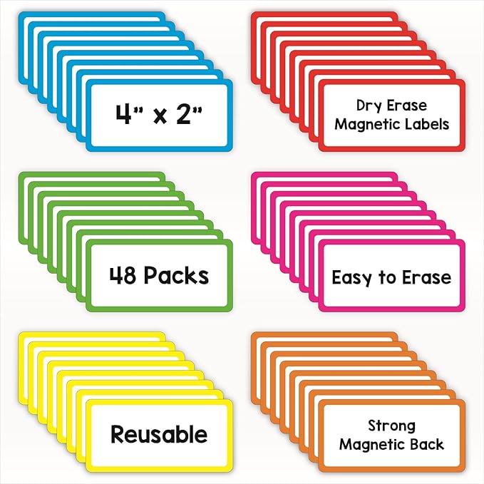 48 Pack Magnetic Dry Erase Labels - Magnetic Blank Cards with Color Borders, Reusable Name Tags - Dry Erase Labels for Home, Office, Classroom - 2 x 4 Inches