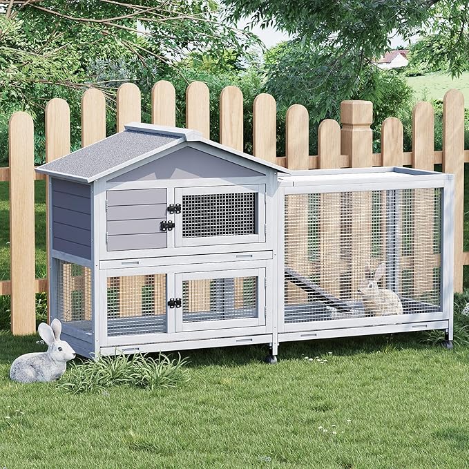Rabbit Cage with Ramp & Waterproof Roof, Bunny Hutch for Indoor/Outdoor, 2-Story Design, Rabbit Hutch with 6 Lockable Caster Wheels & Three Pull-Out Trays（63.2" l x 22.4" w x 37"）