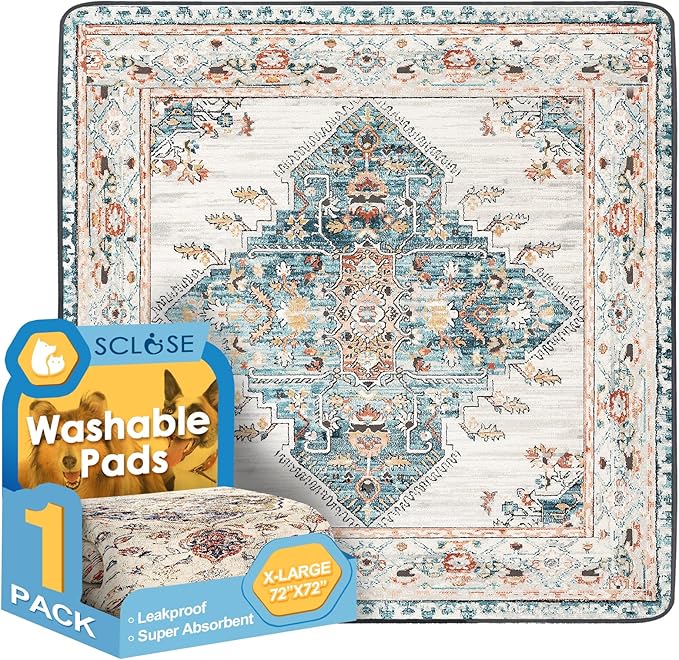 Washable Pee Pad for Dogs Extra Large, 72" x 72" Reusable Puppy Pads Waterproof Dog Rugs, Super Absorbent, Leakproof, Dog Crate Pad, Playpen Mat, Whelping Pads, Blue Medallion