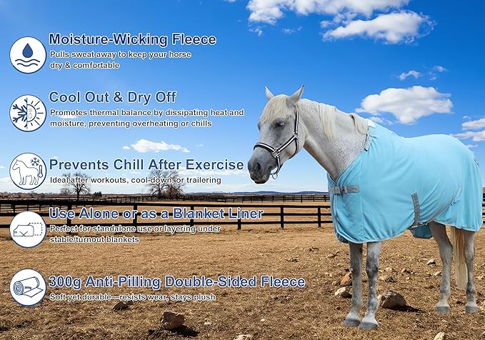 Horse Fleece Cooler, Blanket Liner - 300g Anti-Pilling Fleece, Moisture-Wicking, Cooling & Drying for Post-Workout, Bath & Travel, Prevent Overheating & Chilling Lightblue 66