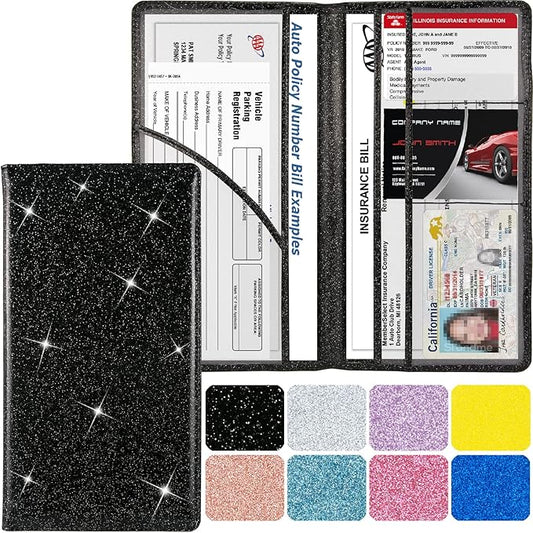 Car Registration and Insurance Holder, Leather Magnetic Shut Vehicle Glove Box Organizer for Document, Card, Driver License, Glitter Black