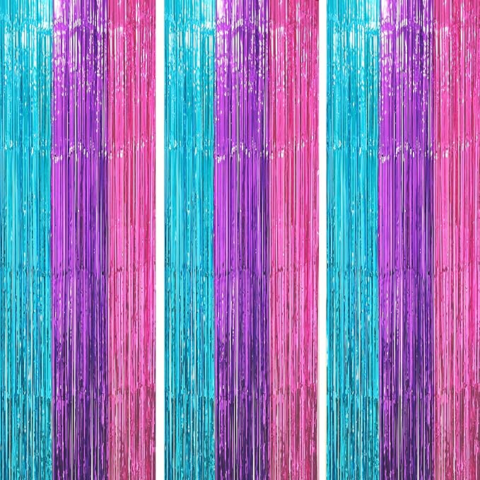 3 Pack 3.3 x 8.2 ft Blue Purple Pink Foil Fringe Backdrop Curtains, Tinsel Streamers Party Decorations, Fringe Backdrop, Door Shimmer for Mermaid or Birthday Party