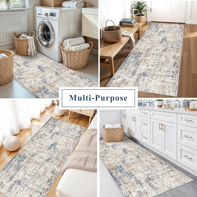 3x7 Washable Non-Slip Kitchen Runner Rug – Modern Abstract Neutral Beige & Gray