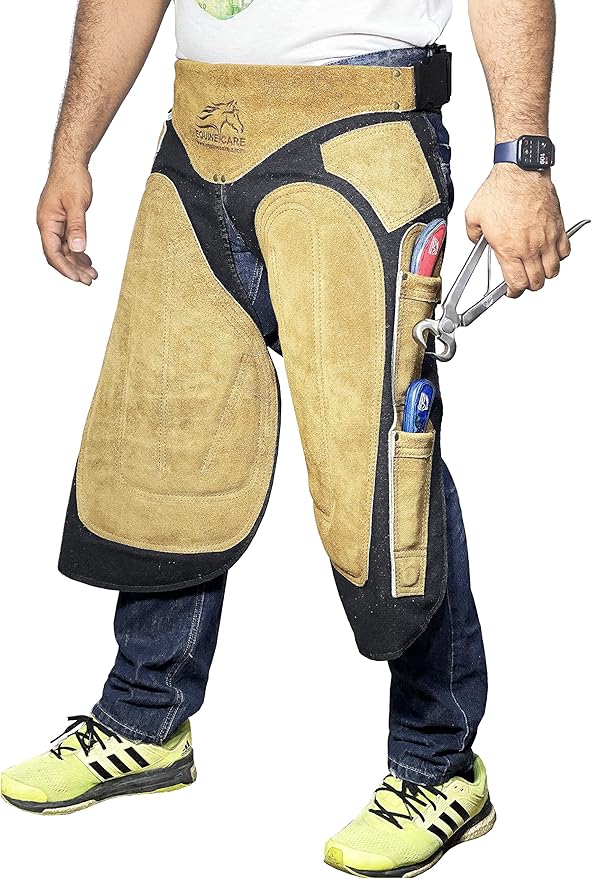 Equine Care Farrier Apron Chaps – Cowhide Suede Leather & Canvas, Adjustable Waist 28"-52" with Back Support, Tool Pockets & Nail Magnets – 23", 25", 27", 29" for Horse Shoeing (27 inches (70 cm))