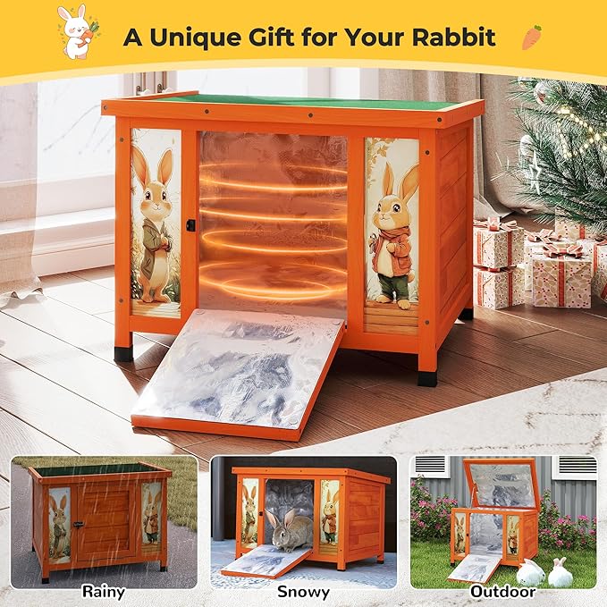 COZIWOW 24 Inch Rabbit Hutch with Insulation Layer, All-Weather Wooden Bunny Cage, Indoor Outdoor Weatherproof Pet Shelter for Winter, Rabbits/Cats/Chicken, Orange